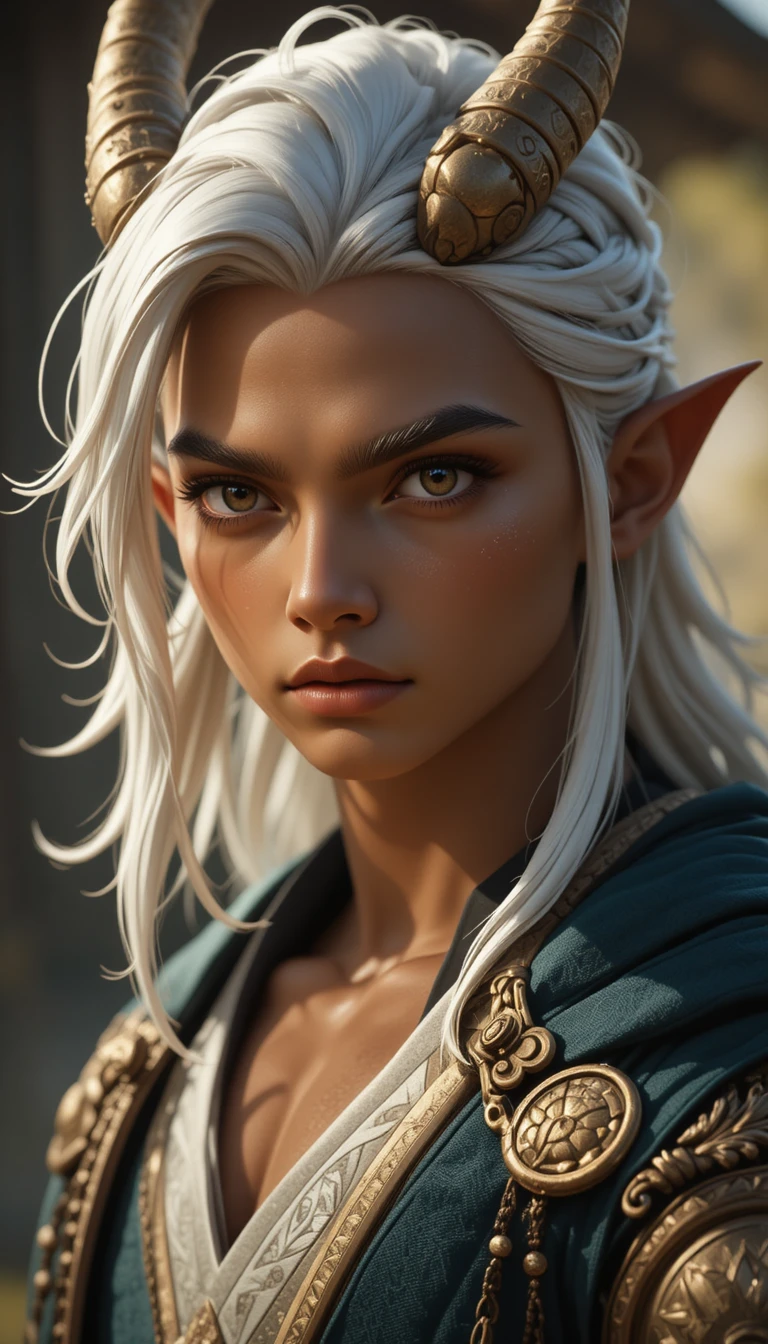 Hombre de fantasía con pelo blanco y cuernos de ciervo en el mundo de Wakfu