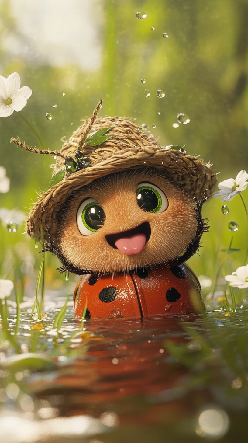 Allegra coccinella 3D in uno stagno con fiori