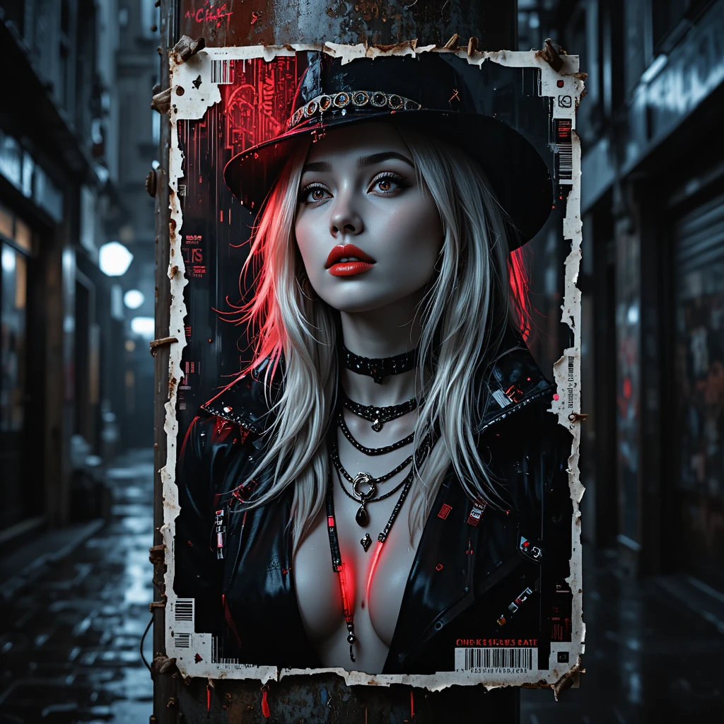 Noir-Cyberpunk-Modeposter an einer regennassen Straßenlaterne
