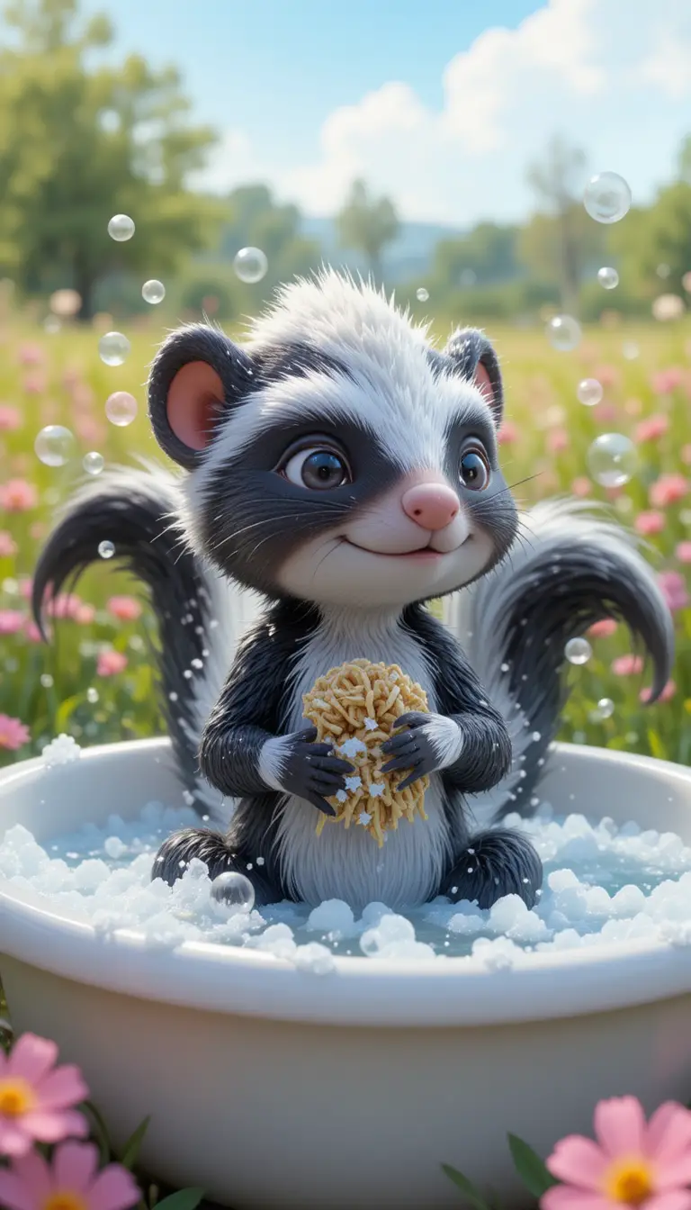 Niedliches Stinktier badet in einer Wanne zwischen Frühlingsblumen