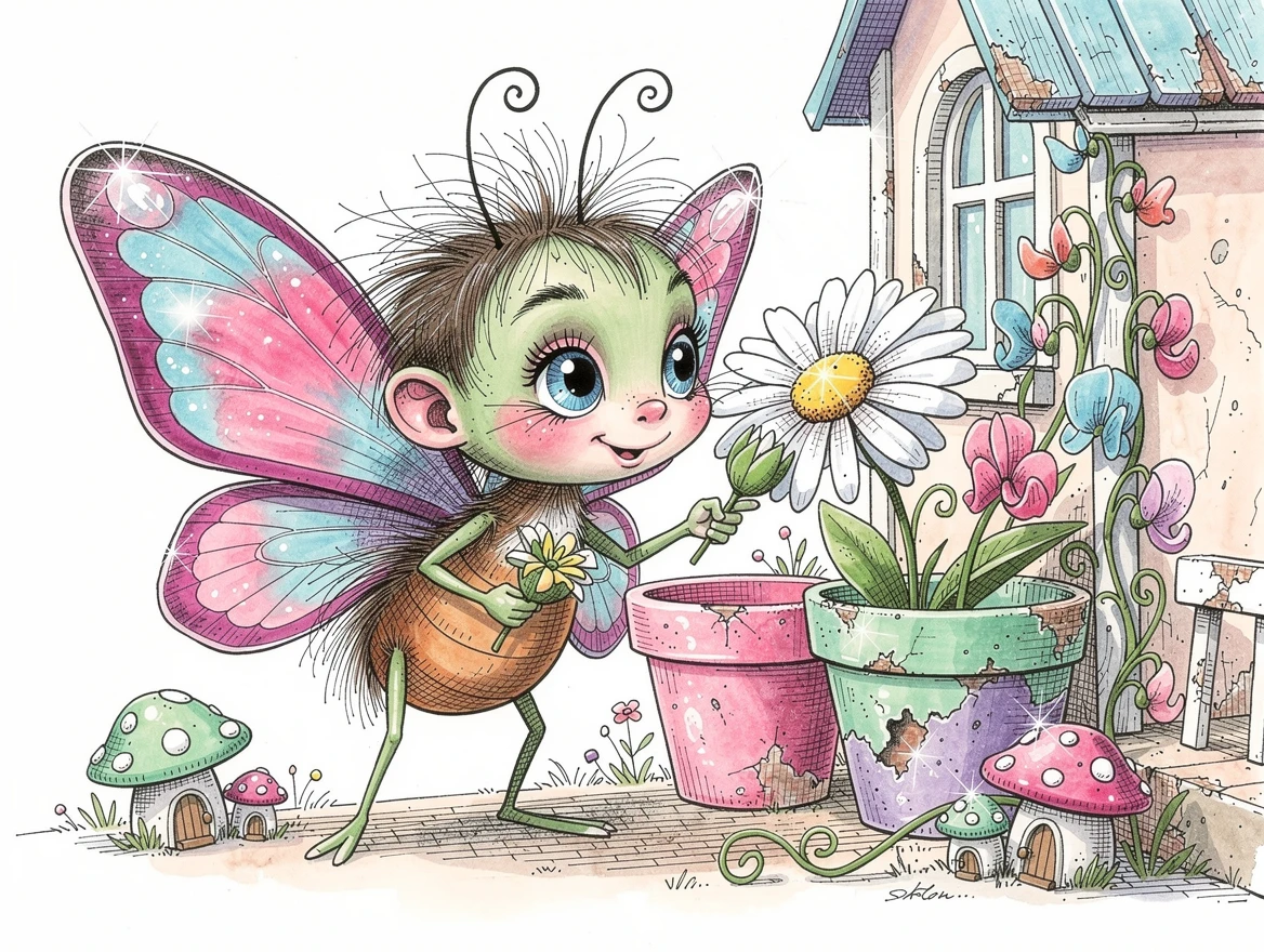 Personnage de Papillon Fantaisiste Tenant une Marguerite dans un Jardin Pastel