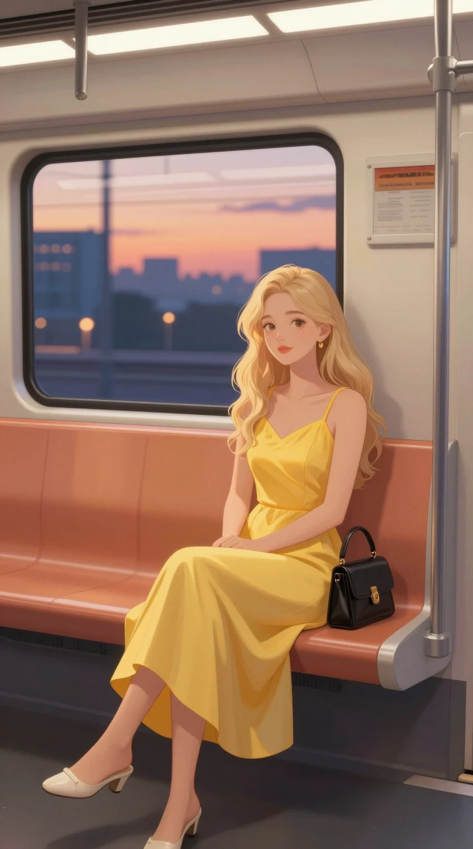 夕陽地鐵上的金髮黃裙動漫少女