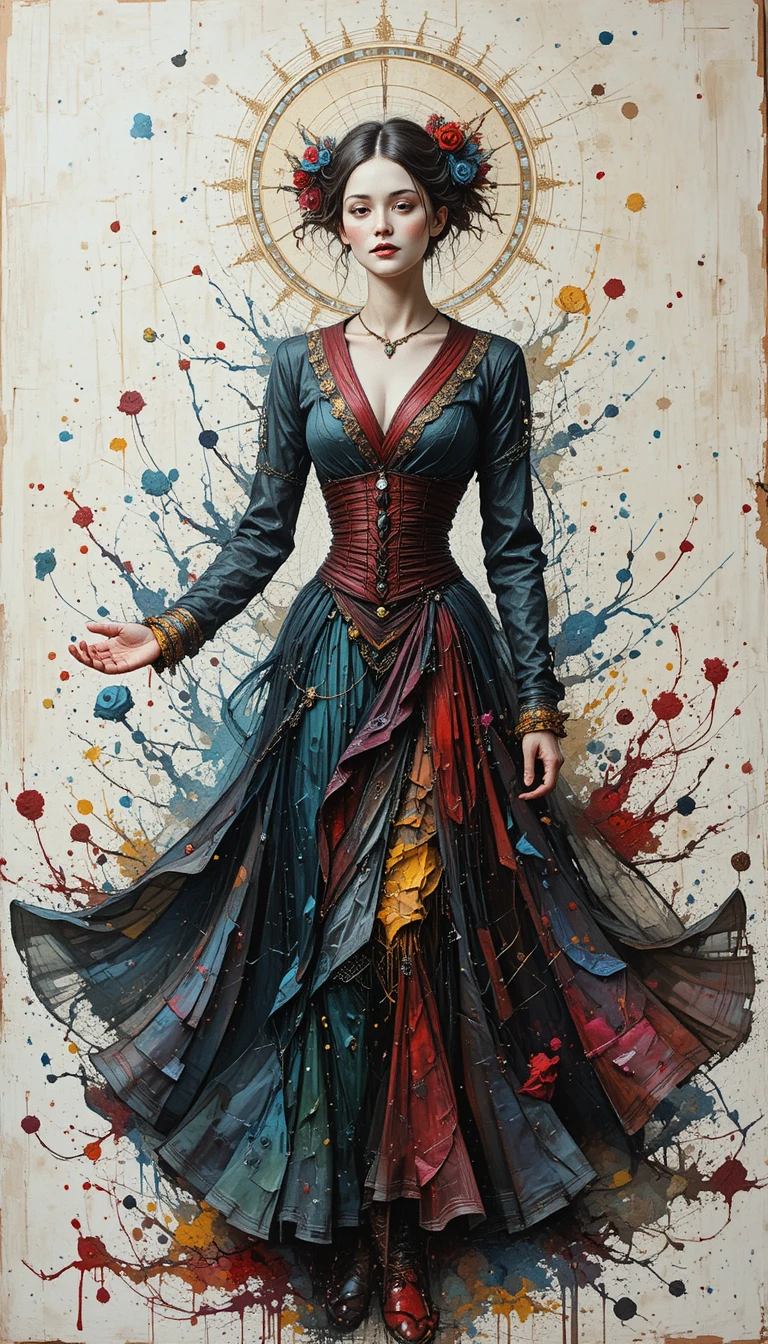 Alegre pintura a óleo de uma mulher gentil em um vestido antigo