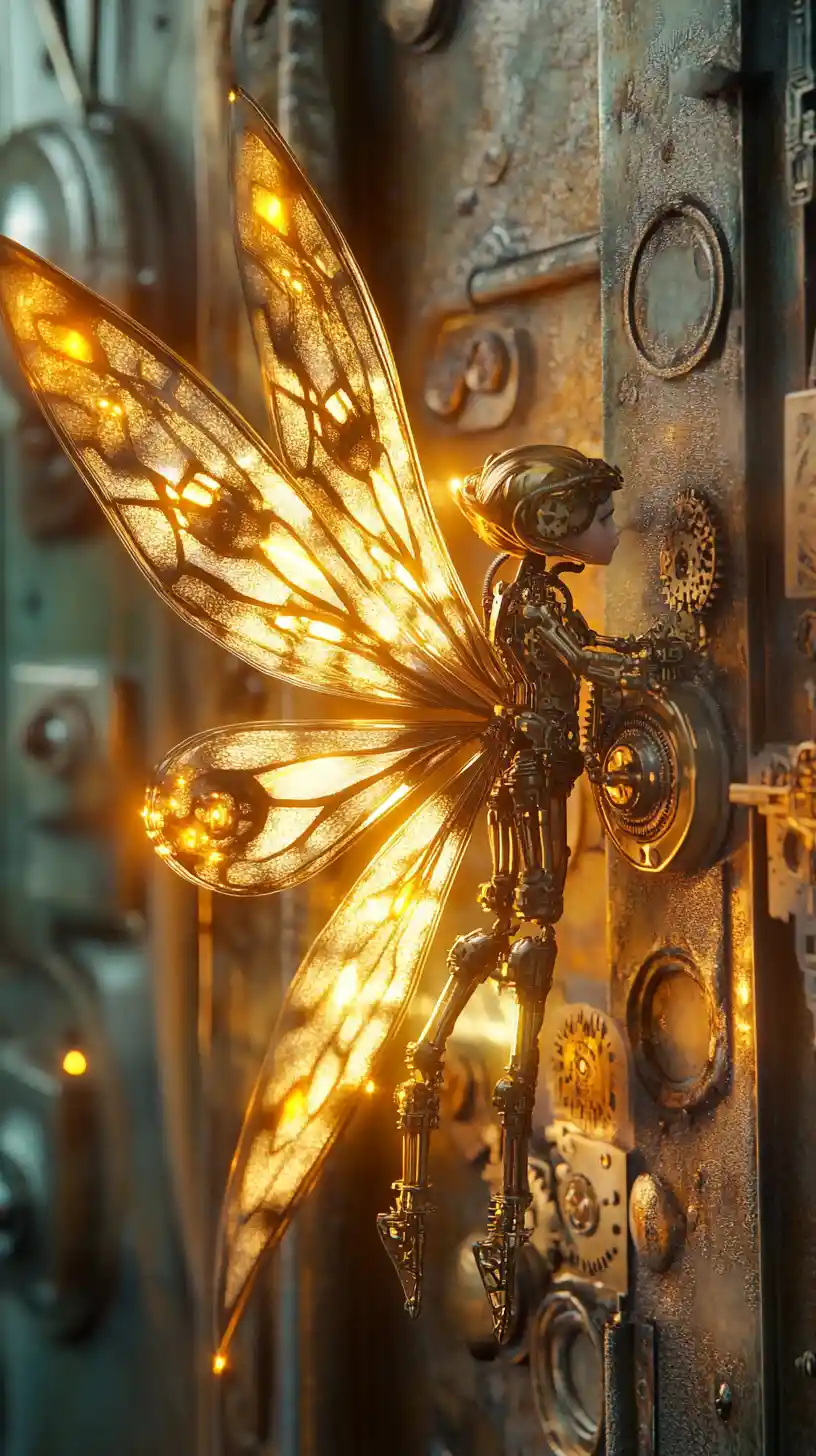 Fée mécanique brillante dans un monde steampunk chaleureux