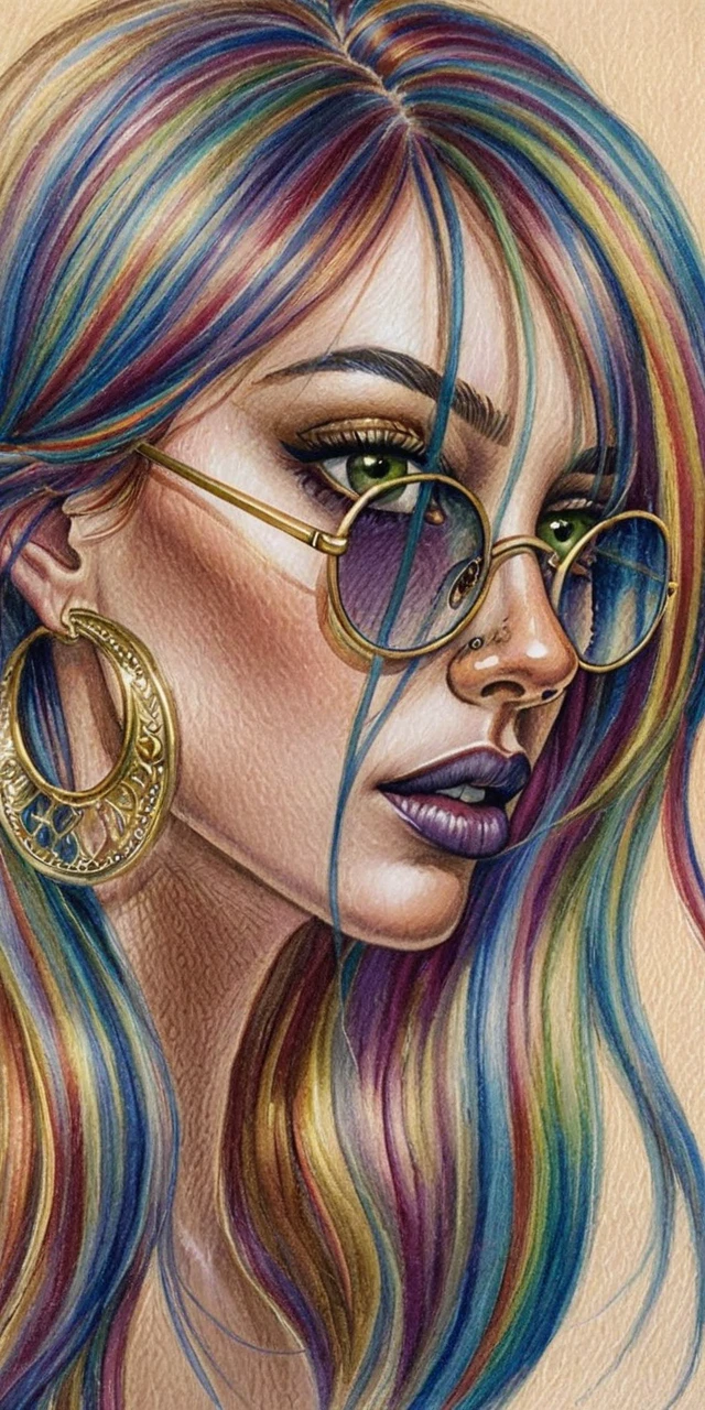 Ritratto a matite colorate di ragazza con vivaci capelli arcobaleno