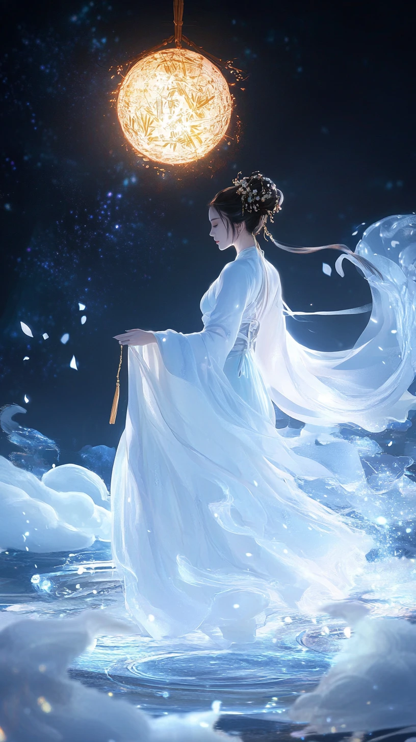 Mulher de hanfu branco ao lado de orbe brilhante e pergaminho de seda