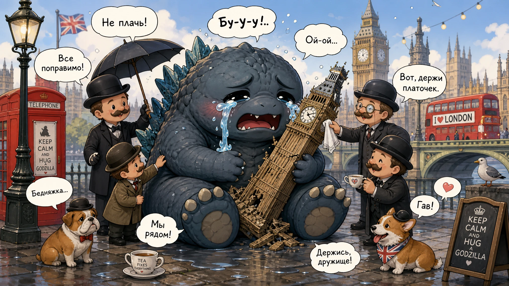 Monstro fofo chorando segurando a torre do relógio quebrada de Londres