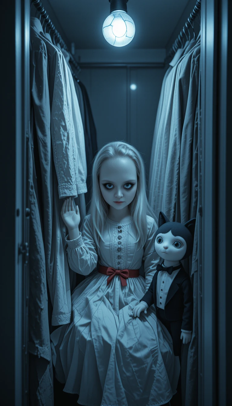 Porcelain doll hiding in a gray closet with harsh light