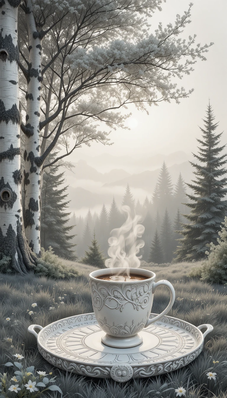 Tasse de café fumant sur un plateau sous de grands bouleaux