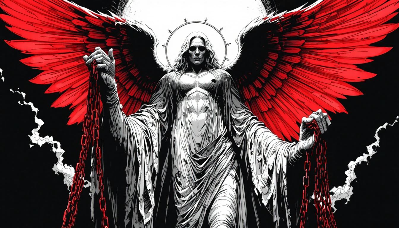 Figura angelical elevada com correntes carmesim em forte contraste
