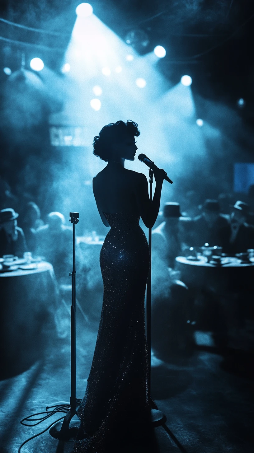 Elegant jazz singer under a spotlight in smoky nightclub