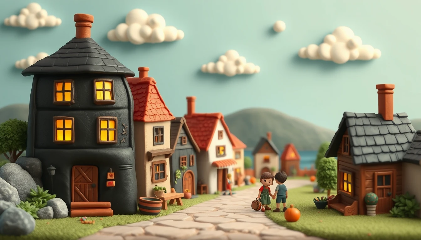 子どものような粘土で作った村のイラストと散歩する住人たち
