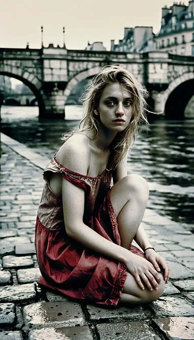 Giovane donna in abito rosso in lutto sulla Senna