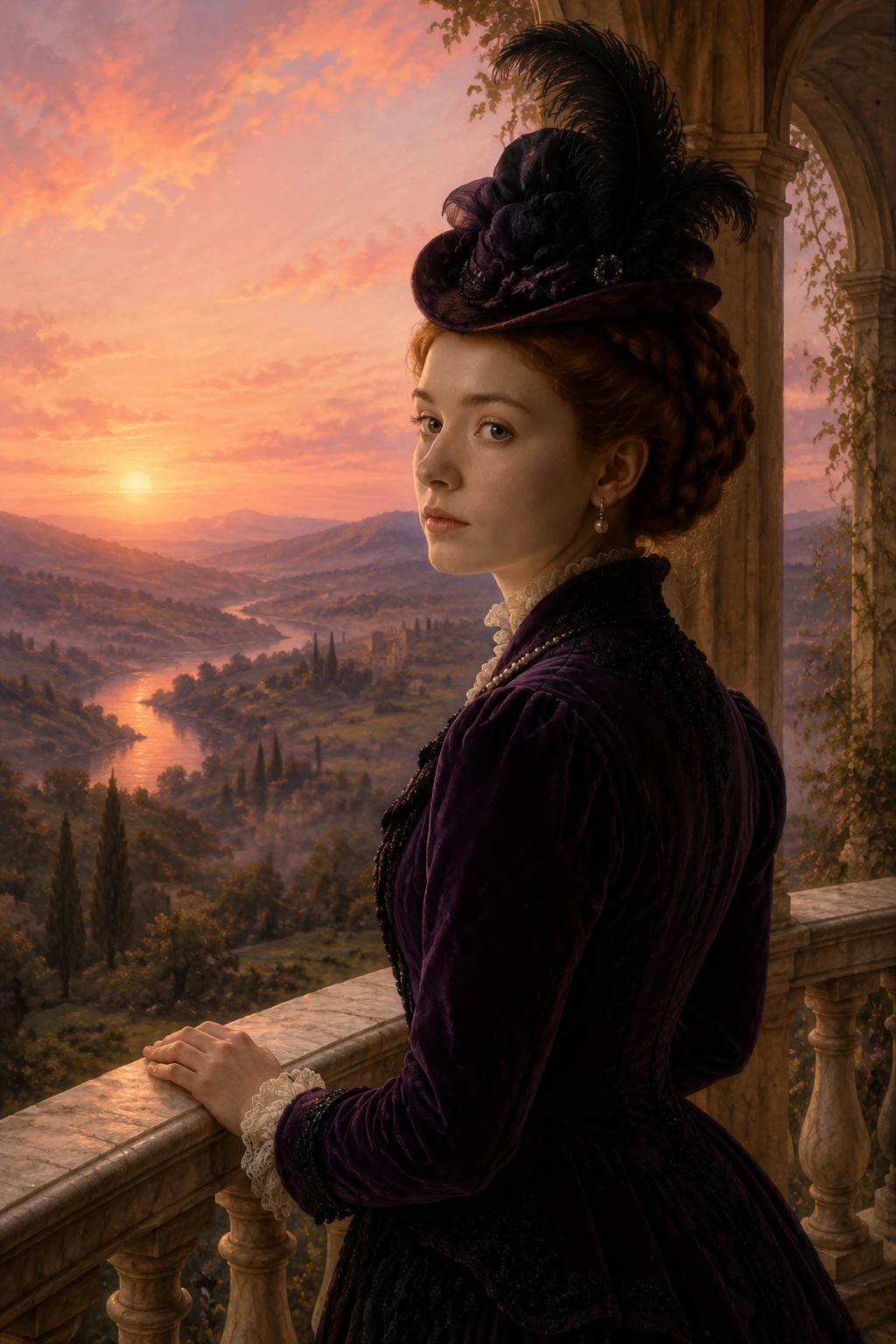 Mujer victoriana contemplando el amanecer desde un balcón
