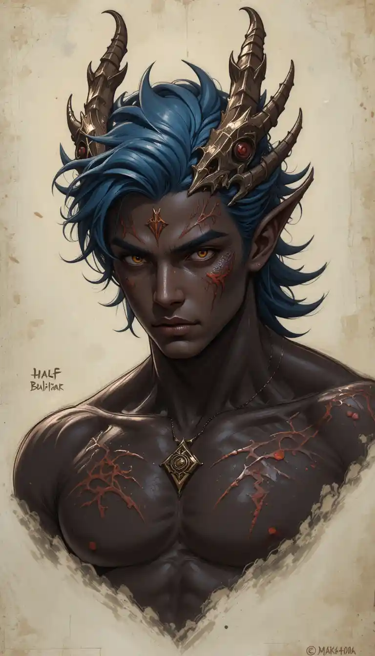 Jovem humanoide dragão musculoso com cabelo azul e olhos vermelhos