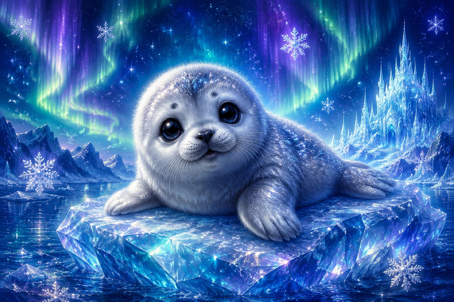 Foca bebê fofa em iceberg de cristal brilhante sob céu de aurora