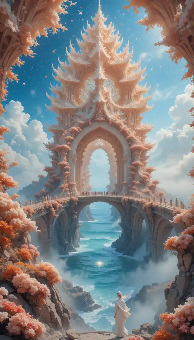 Mare fantasy barocco con ponte di cristallo sotto un cielo stellato