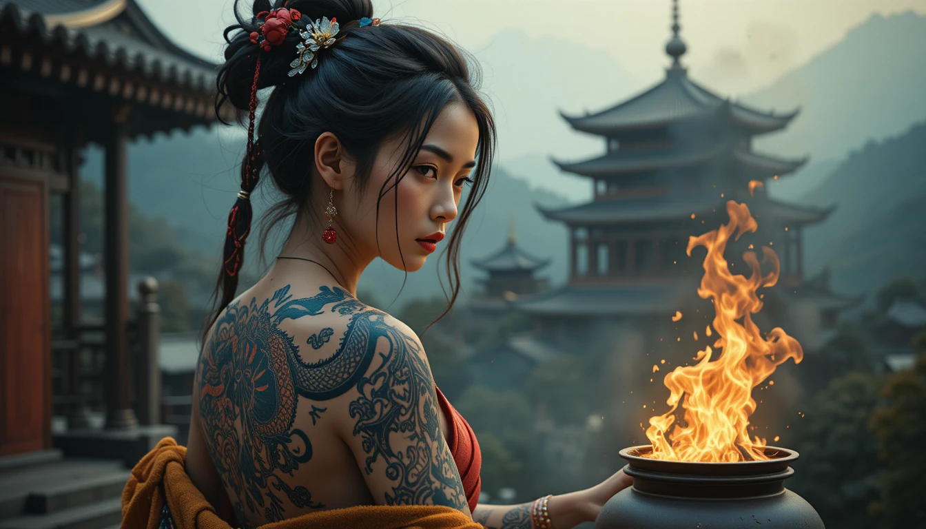 燃え盛るドラゴンと柱に縛られた日本人女性