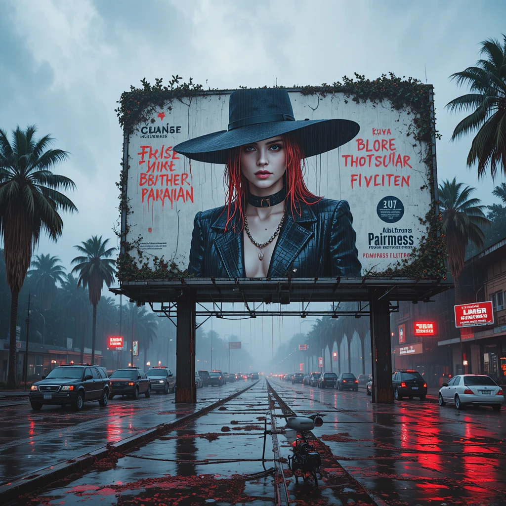 Femme Cyberpunk Surréaliste sur Panneau Publicitaire Délabré au Bord d’une Autoroute Inondée