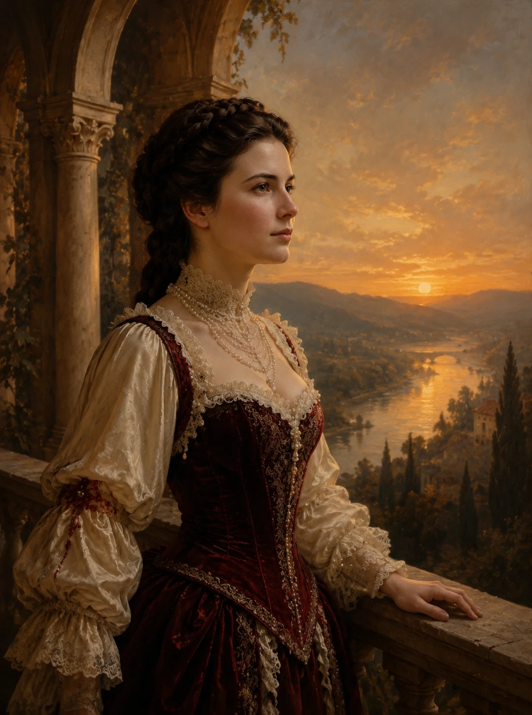 Joven mujer victoriana en un balcón al atardecer dorado