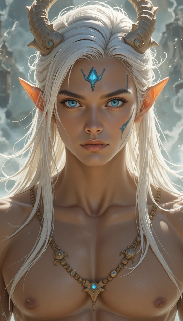 Homme de fantasy aux cheveux blancs, aux yeux bleus brillants et aux marques mystiques