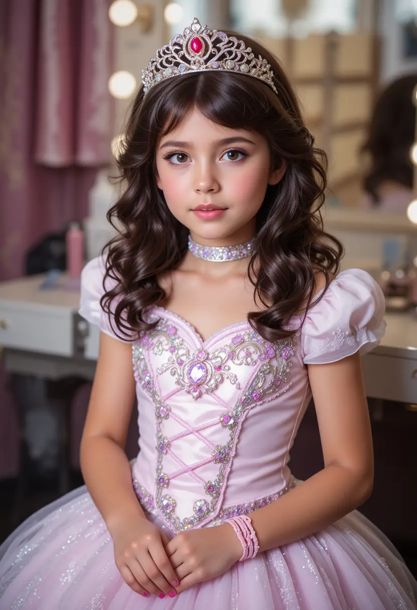Menino pré-adolescente em fantasia de princesa diante da penteadeira nos bastidores