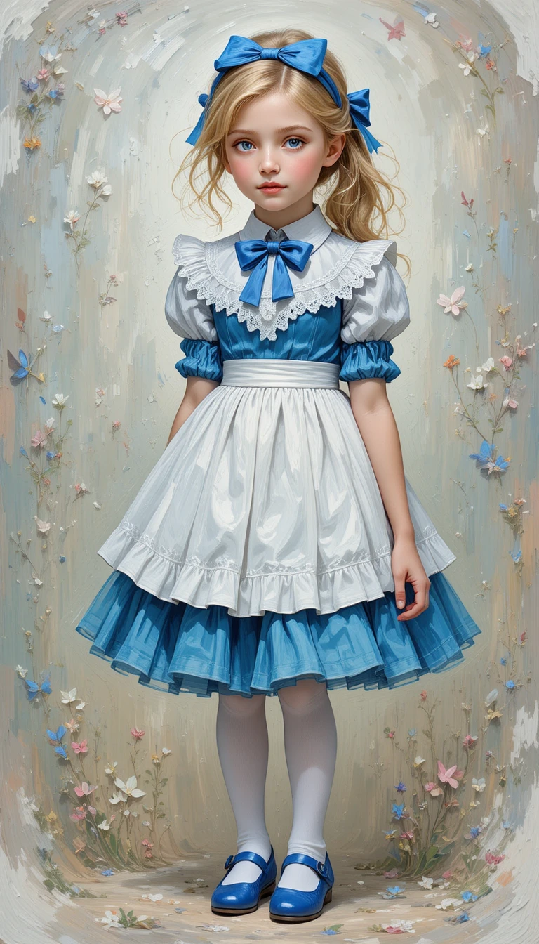 Ritratto fiabesco di una ragazza bionda in blu e bianco