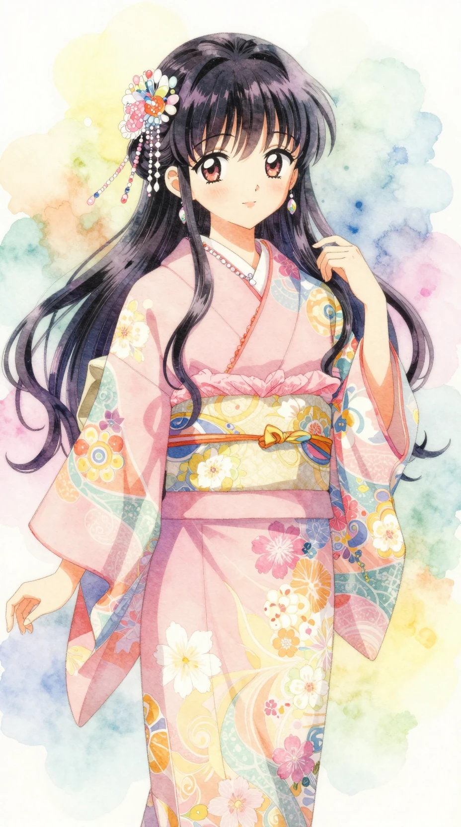 Garota de anime em tons pastéis com quimono furisode ornamentado