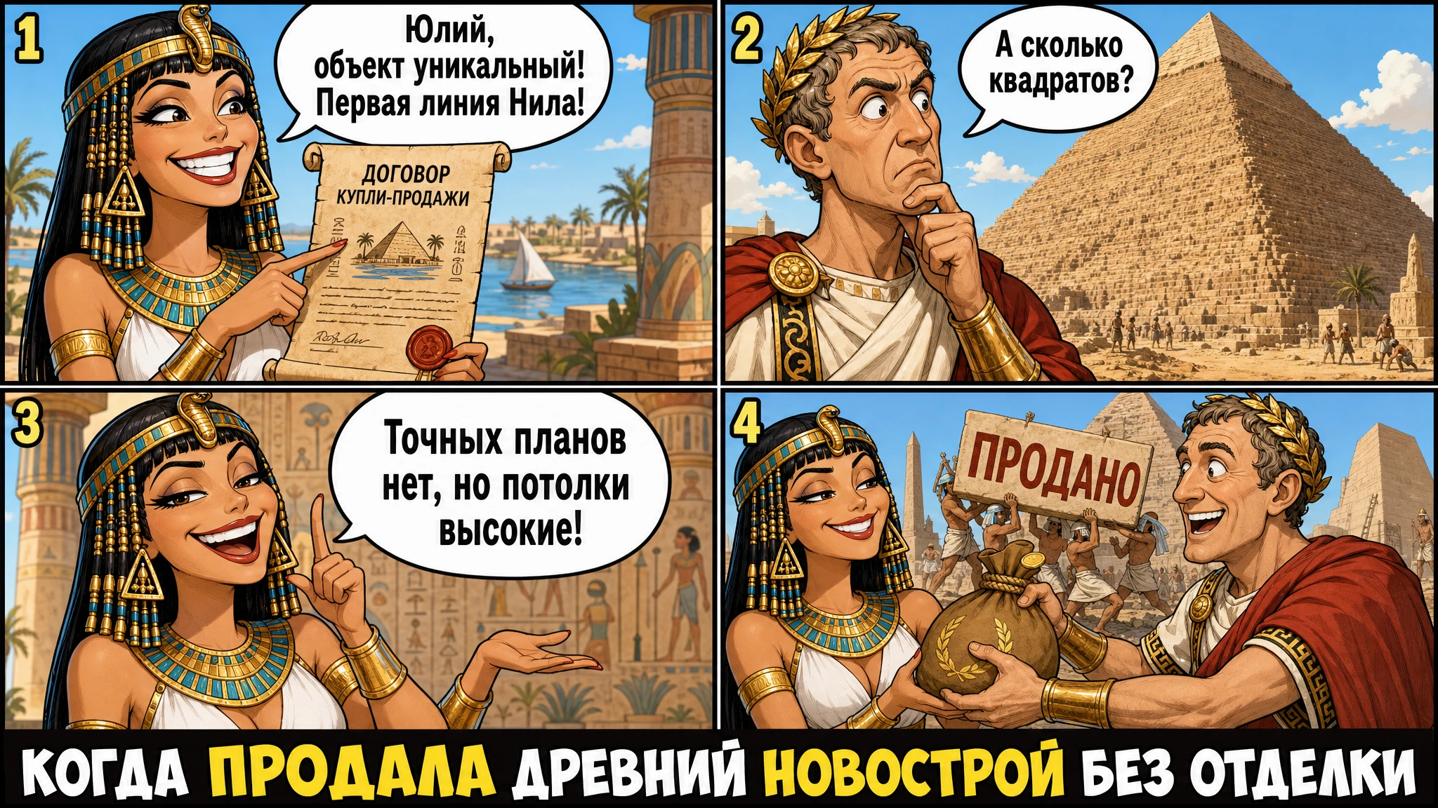 Humorvolles Meme: Kleopatra verkauft Cäsar die Cheops-Pyramide