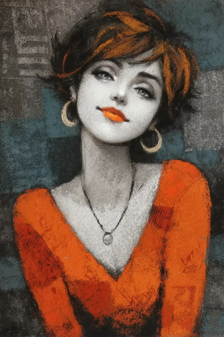 Expressive pastel portrait of a young woman in muted tones