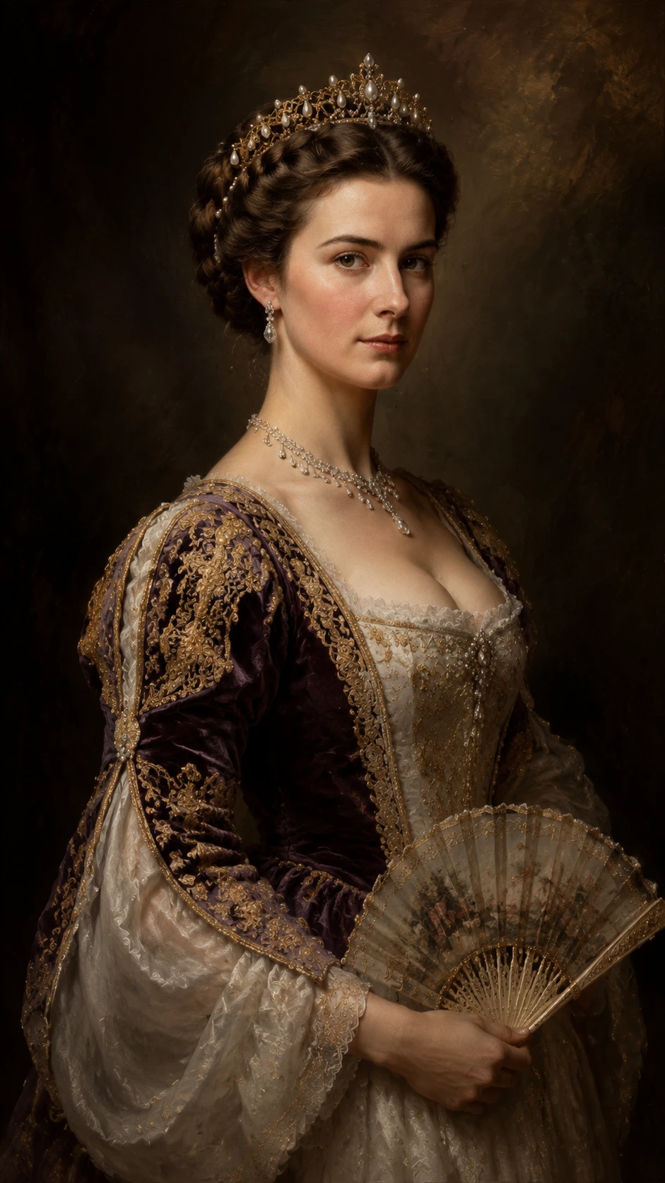 Retrato em estilo renascentista de uma nobre em rico traje de seda