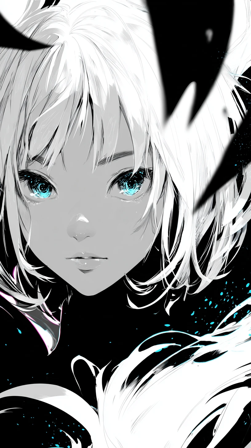 Anime-Mädchen mit leuchtend blauen Augen im abstrakten Kontrast