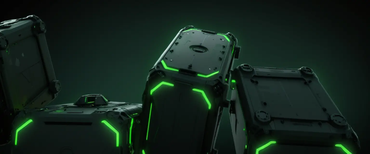 Futuristic green containers floating against black background