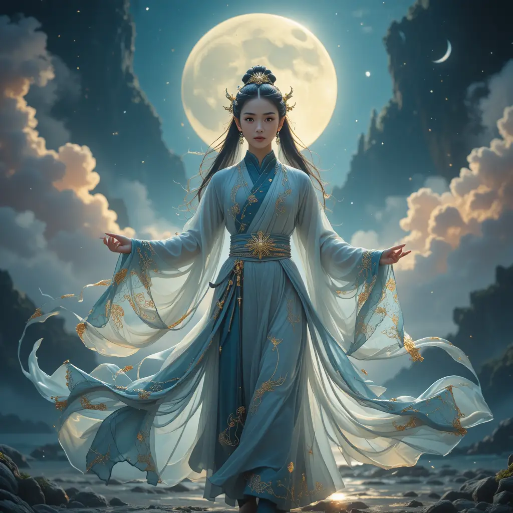 Young celestial woman in luminous imperial silk robes
