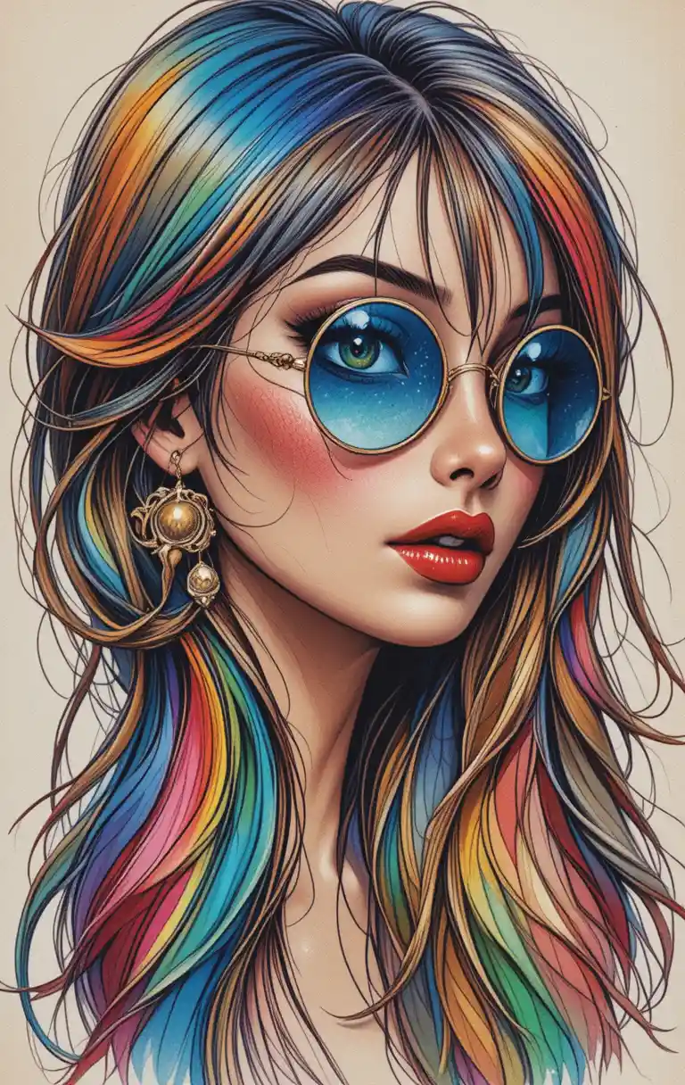 Retrato a lápiz de color de chica con cabello arcoíris fluido