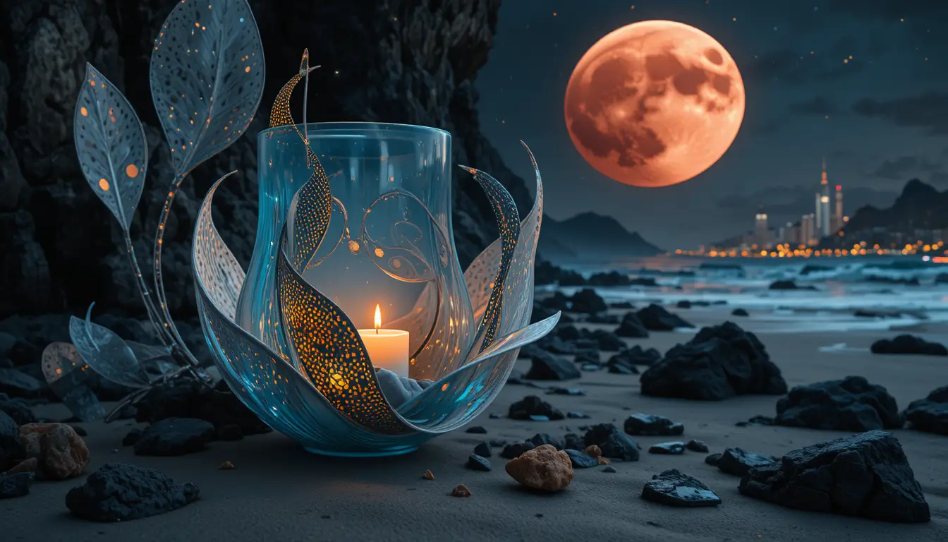 Bougie lumineuse dans un photophore en verre bleu sur sable au clair de lune