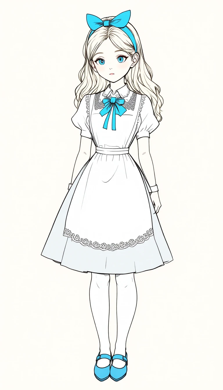 Whimsical portrait of a young blonde girl in blue and white