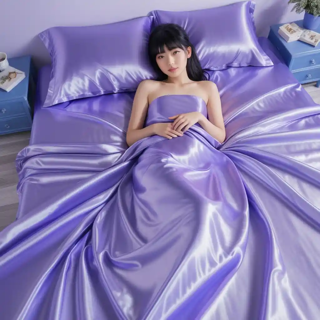 Donna giapponese distesa su lucide lenzuola di raso color lavanda