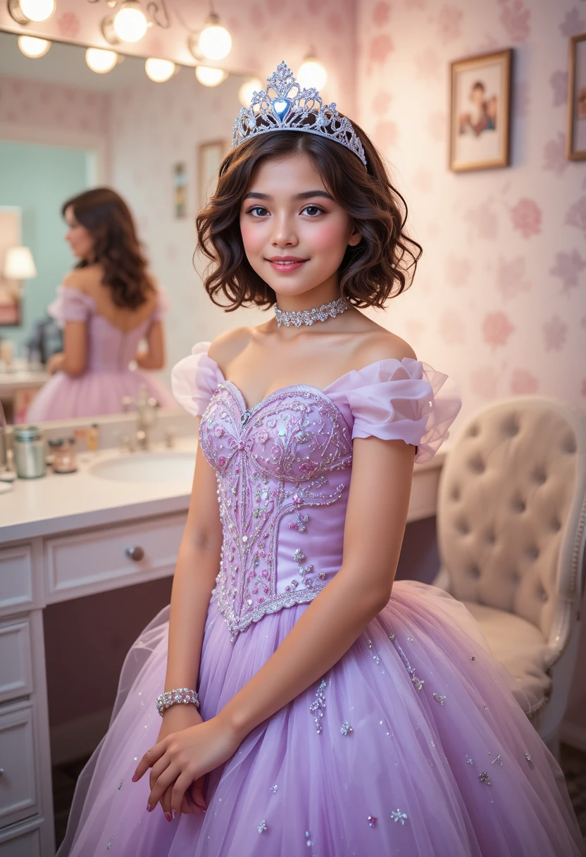 Menino com vestido de princesa em frente à penteadeira nos bastidores