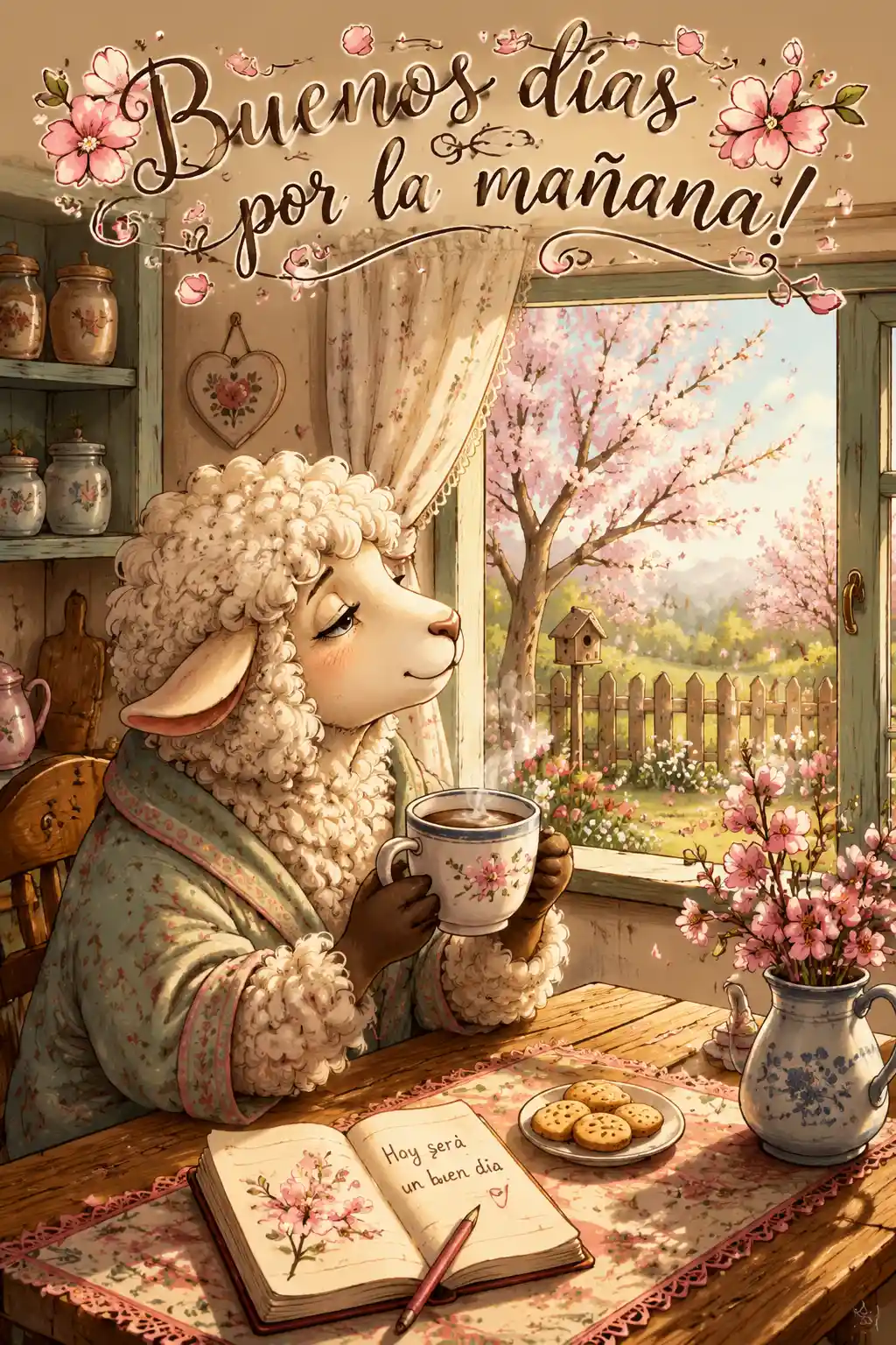 Anthropomorphic sheep enjoying morning coffee in rustic kitchen