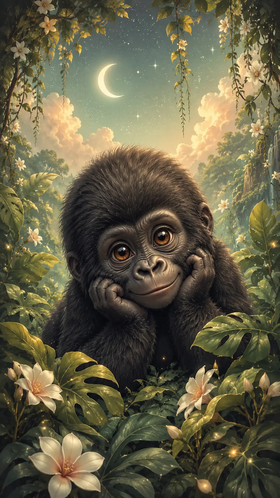 Süßes Baby-Gorilla ruht in einer verzauberten Dschungelnacht