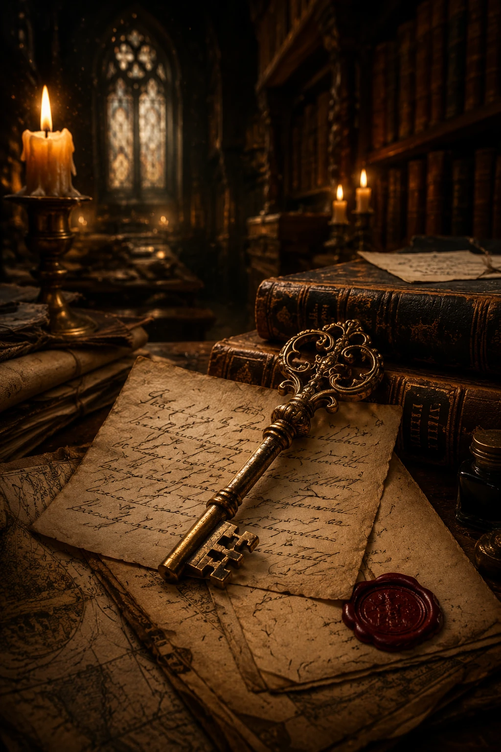 Chave dourada antiga sobre cartas em biblioteca à luz de velas
