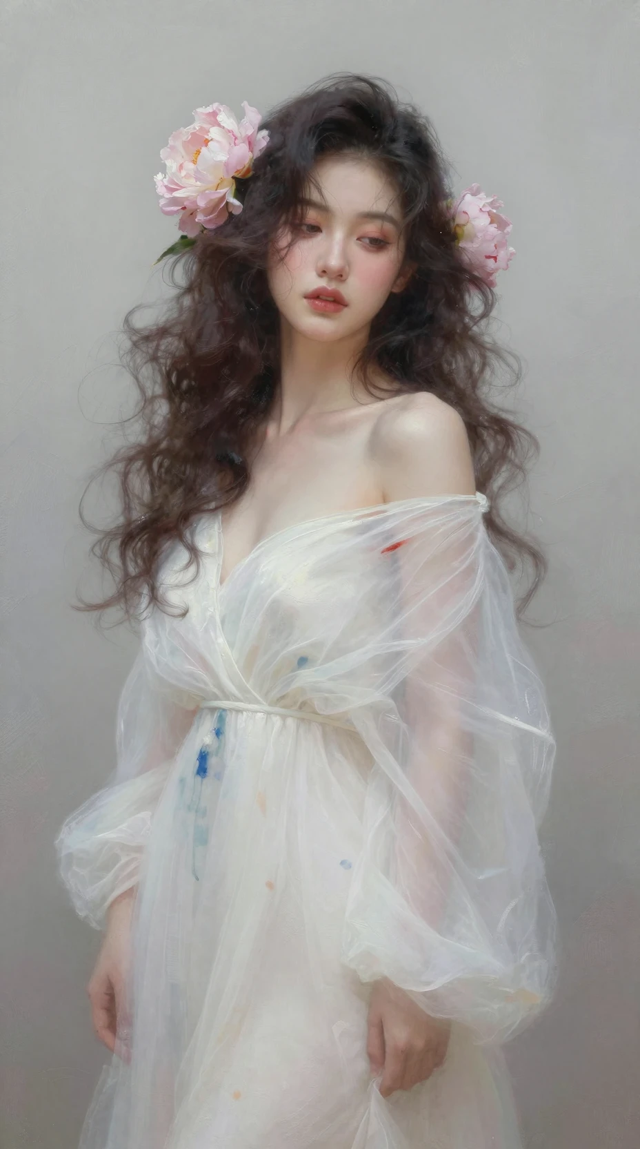Retrato onírico de uma jovem mulher com peônias rosas