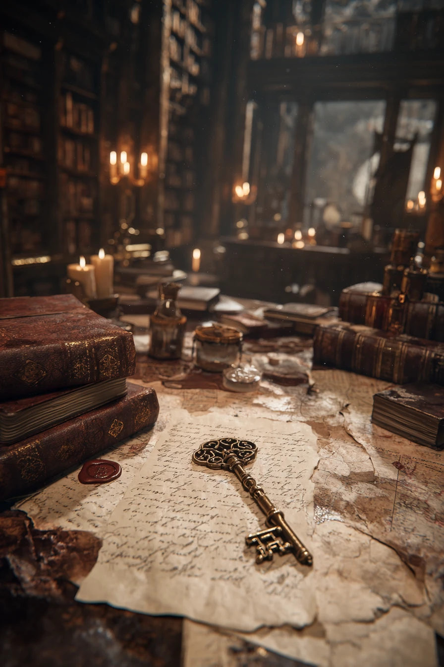 Antiga chave dourada em biblioteca esquecida à luz de velas