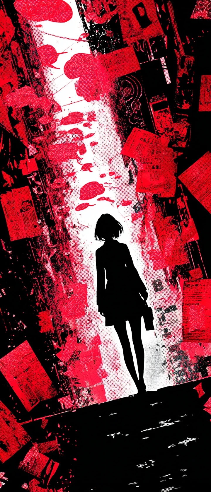 Detetive de anime em beco escuro com pistas flutuantes de pensamentos