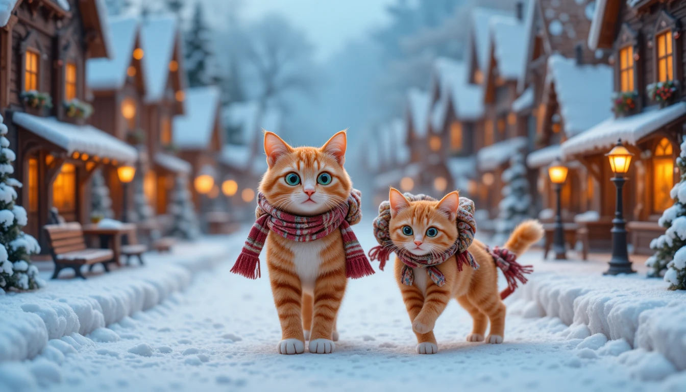 Gata mãe e filhote caminhando por rua nevada de vila em miniatura