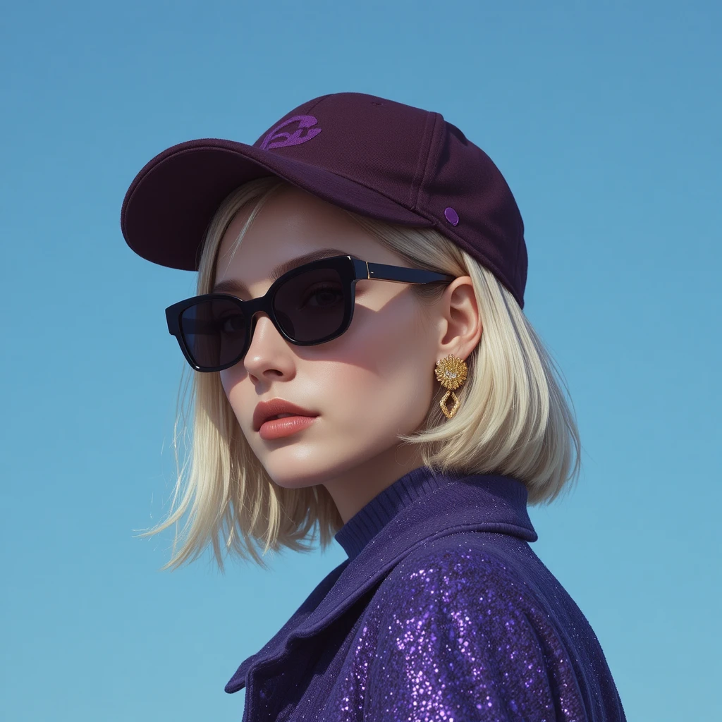 Stilvolle Frau mit Sonnenbrille vor blau glitzerndem Hintergrund