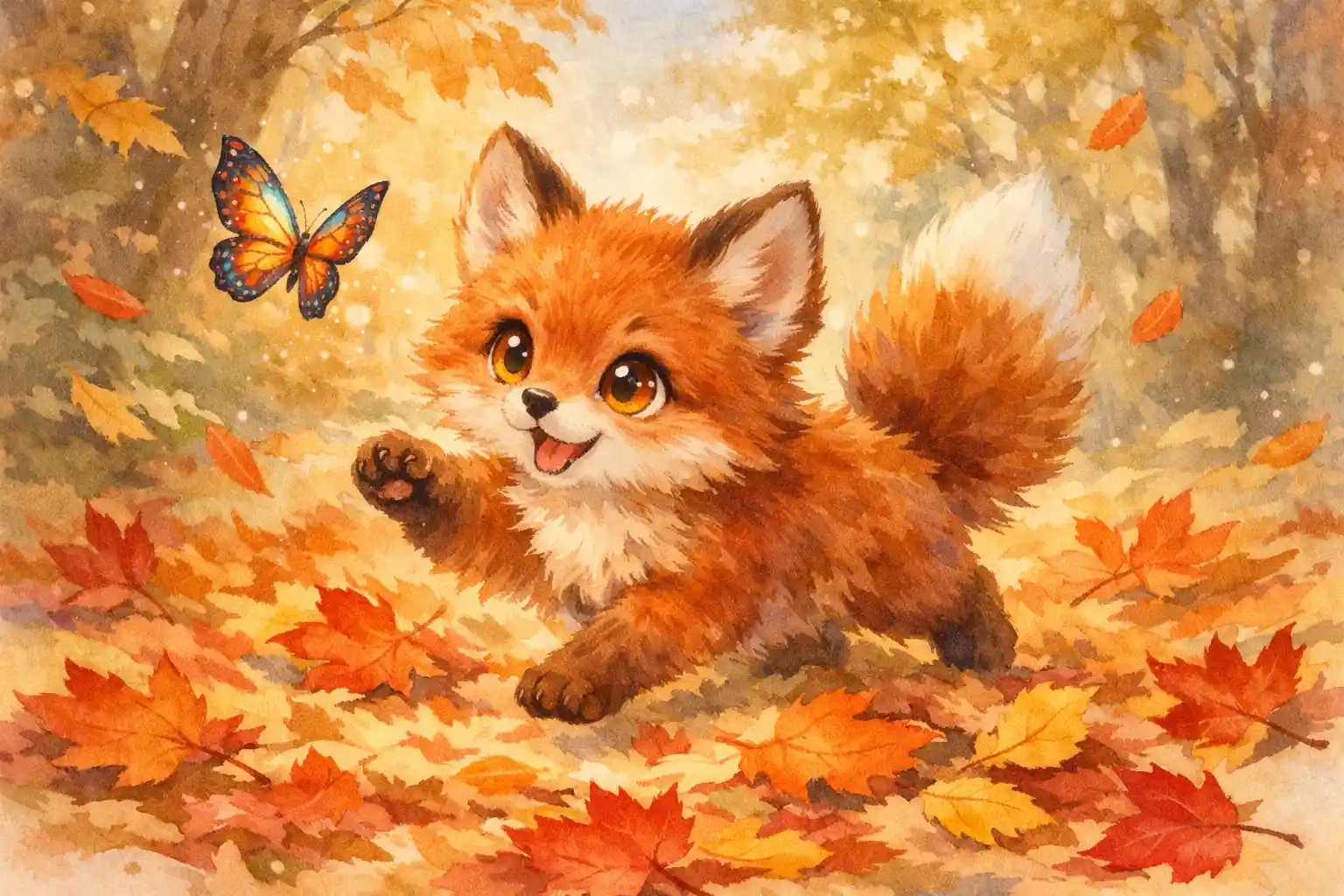 Playful baby fox chasing butterfly in autumn forest