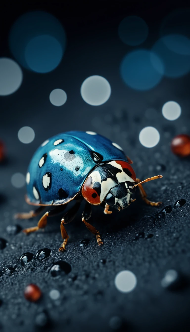 Collage photoréaliste d’une coccinelle bleue à points blancs