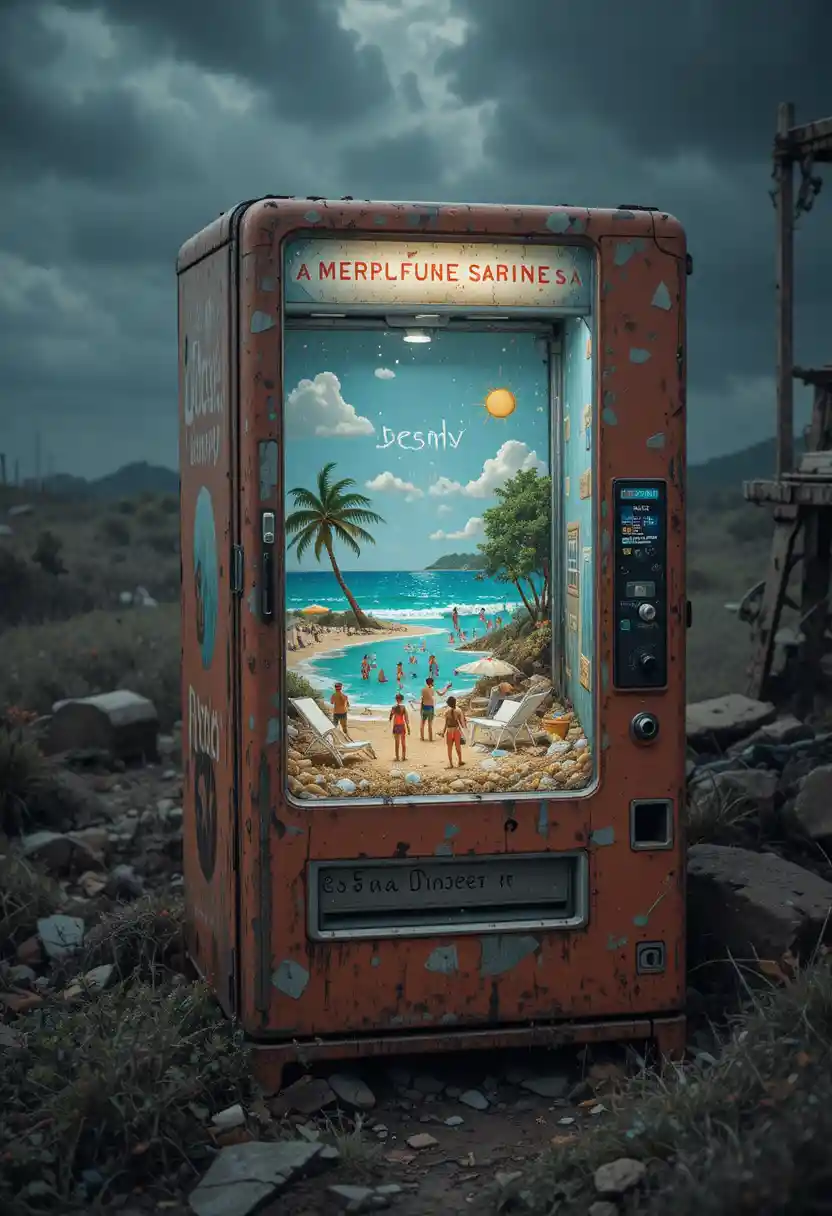 Distributeur automatique abandonné révélant un ensoleillé monde de plage miniature
